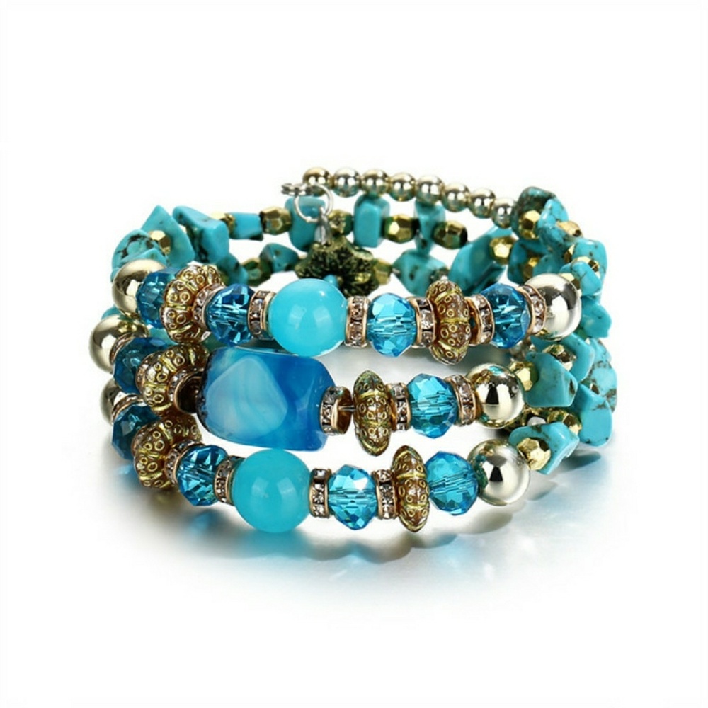 Cuff Wrap Memory Wire Bead Bracelet Light Blue